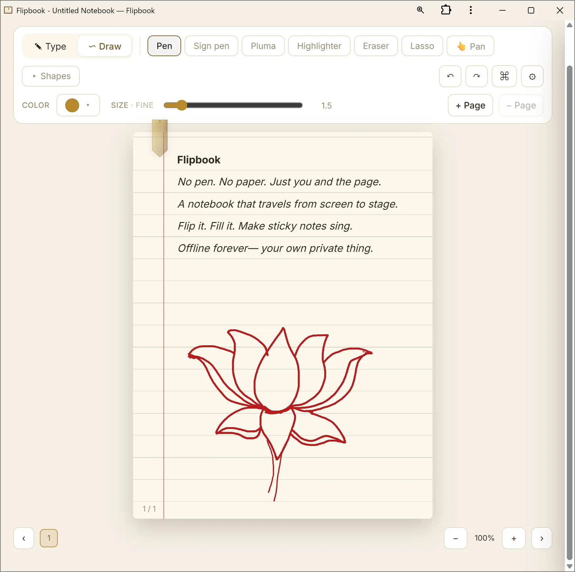 An open Flipbook notebook with handwriting on the page