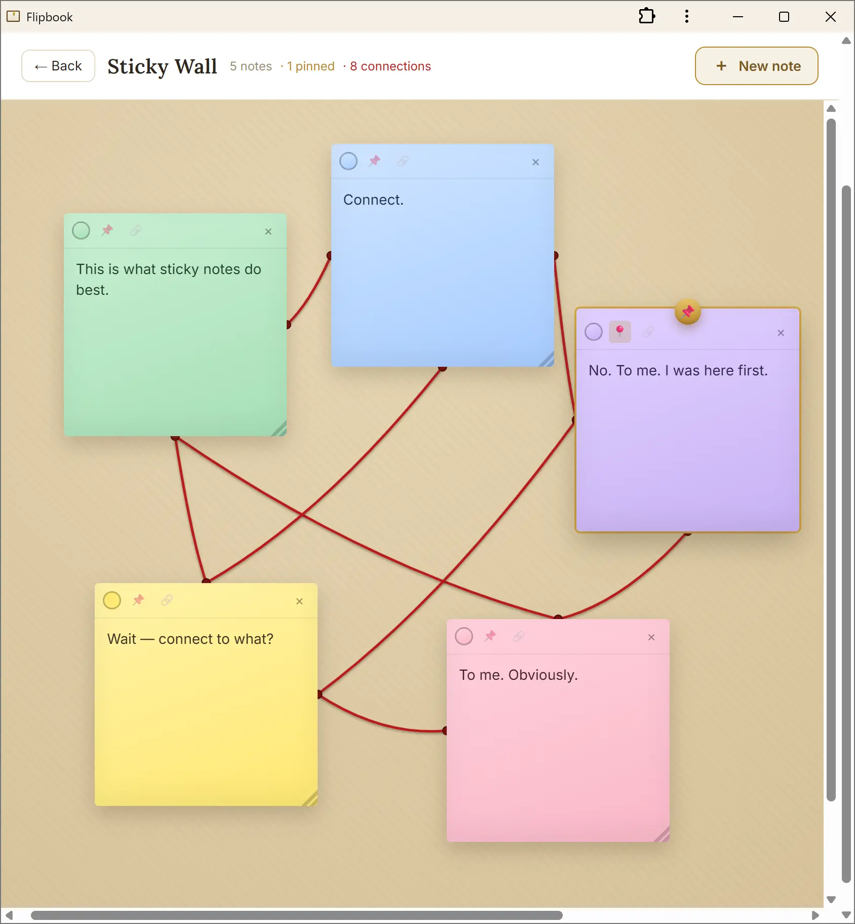 A corkboard with colorful sticky notes connected by strings